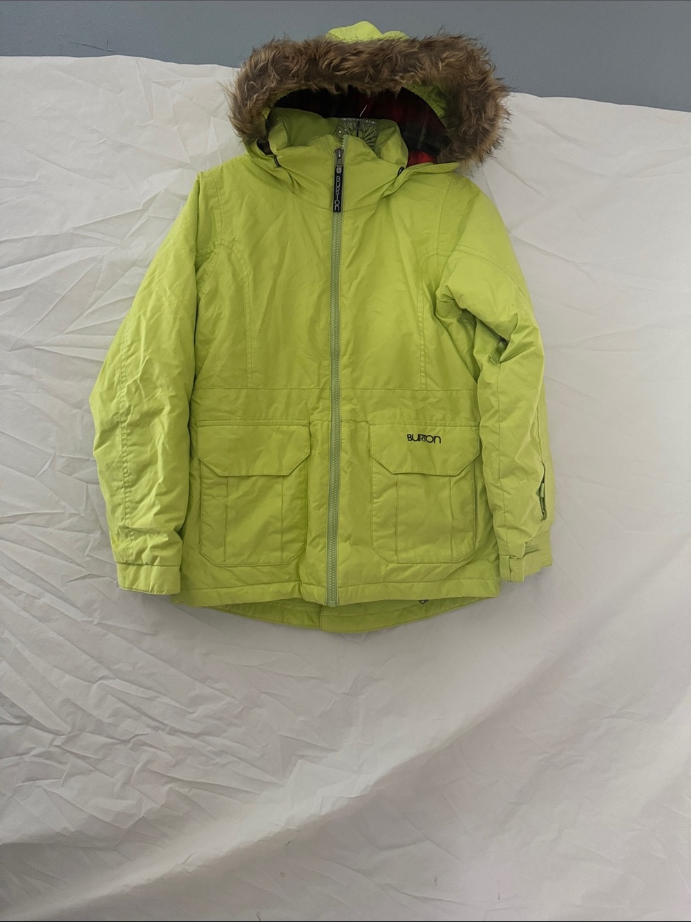 Burton Neon Lime Hooded Ski Jacket with Faux Fur Trim
